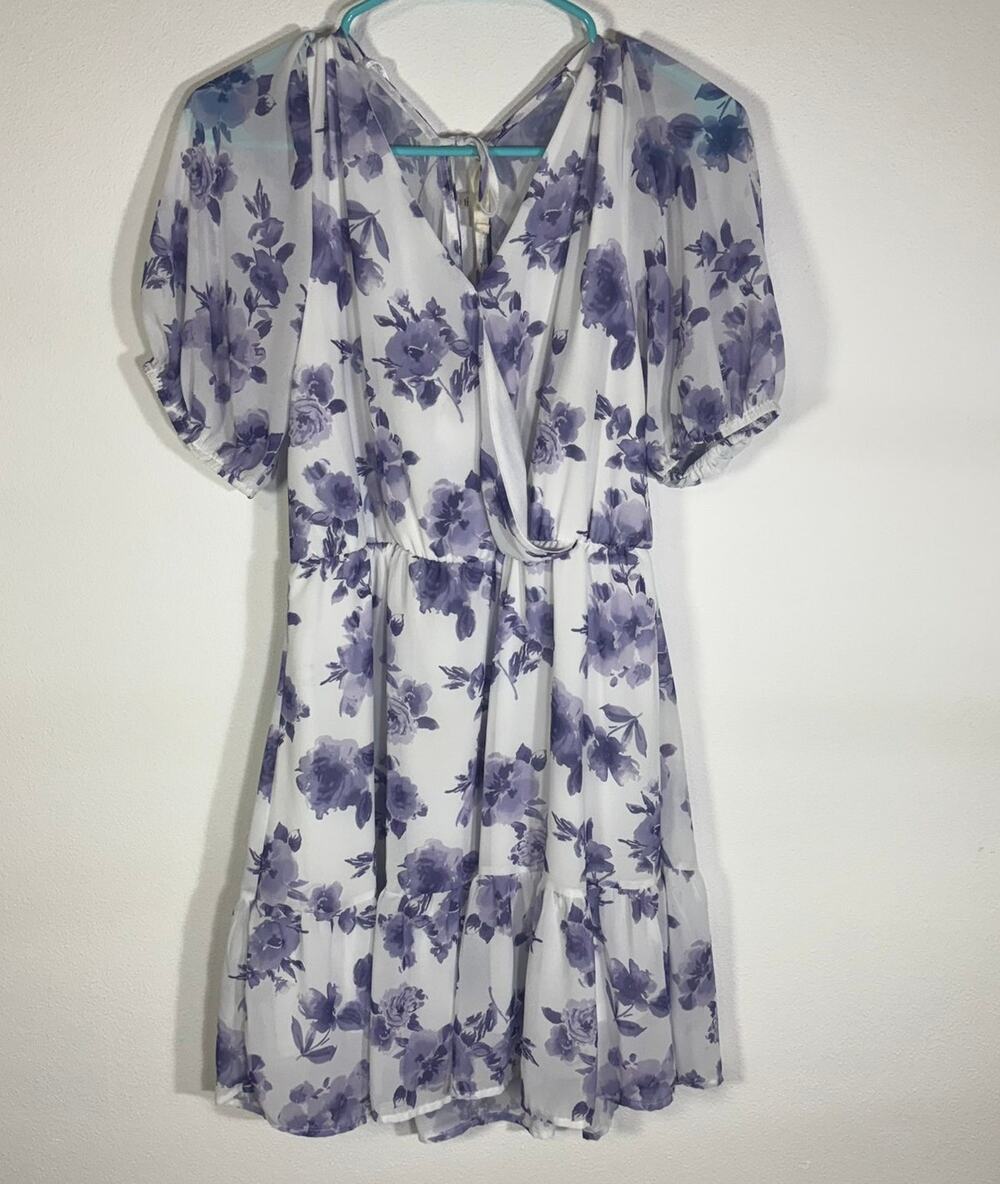 Altar'd State Womens L Purple Floral Mini Dress Puff Sleeve Tiered Boho
